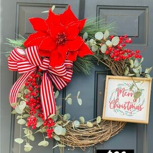 New Hand Made Festive Red Holiday Wreath with Bow and Poinsettia